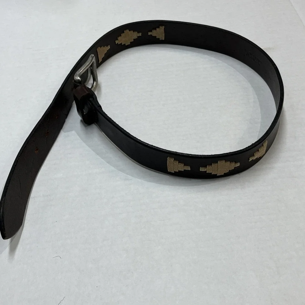 J Crew Belt Brown Leather‎ Stitched Aztec Southwestern Cowgirl Rodeo Size 30